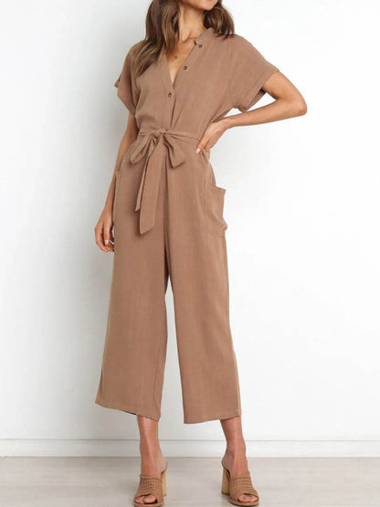 Notched Short Sleeve Tie Waist Jumpsuit - Purcell's Clothing Company
