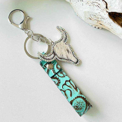 Colored Leather Rhinestone Bull Keychain - Purcell's Clothing Company