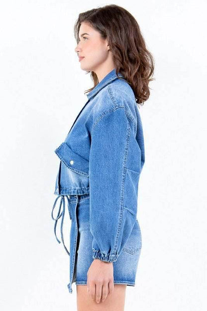 American Bazi Full Size Drop Shoulder Cropped Denim Jacket with Waist Strap Plus Size - Purcell's Clothing Company