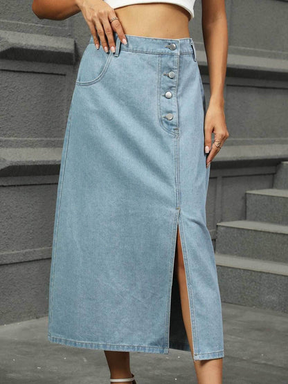 Slit Button Detail Denim Midi Skirt - Purcell's Clothing Company