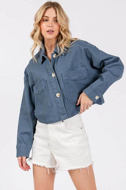bytos Button Down Cropped Denim Jacket with Patch Pockets - Purcell's Clothing Company