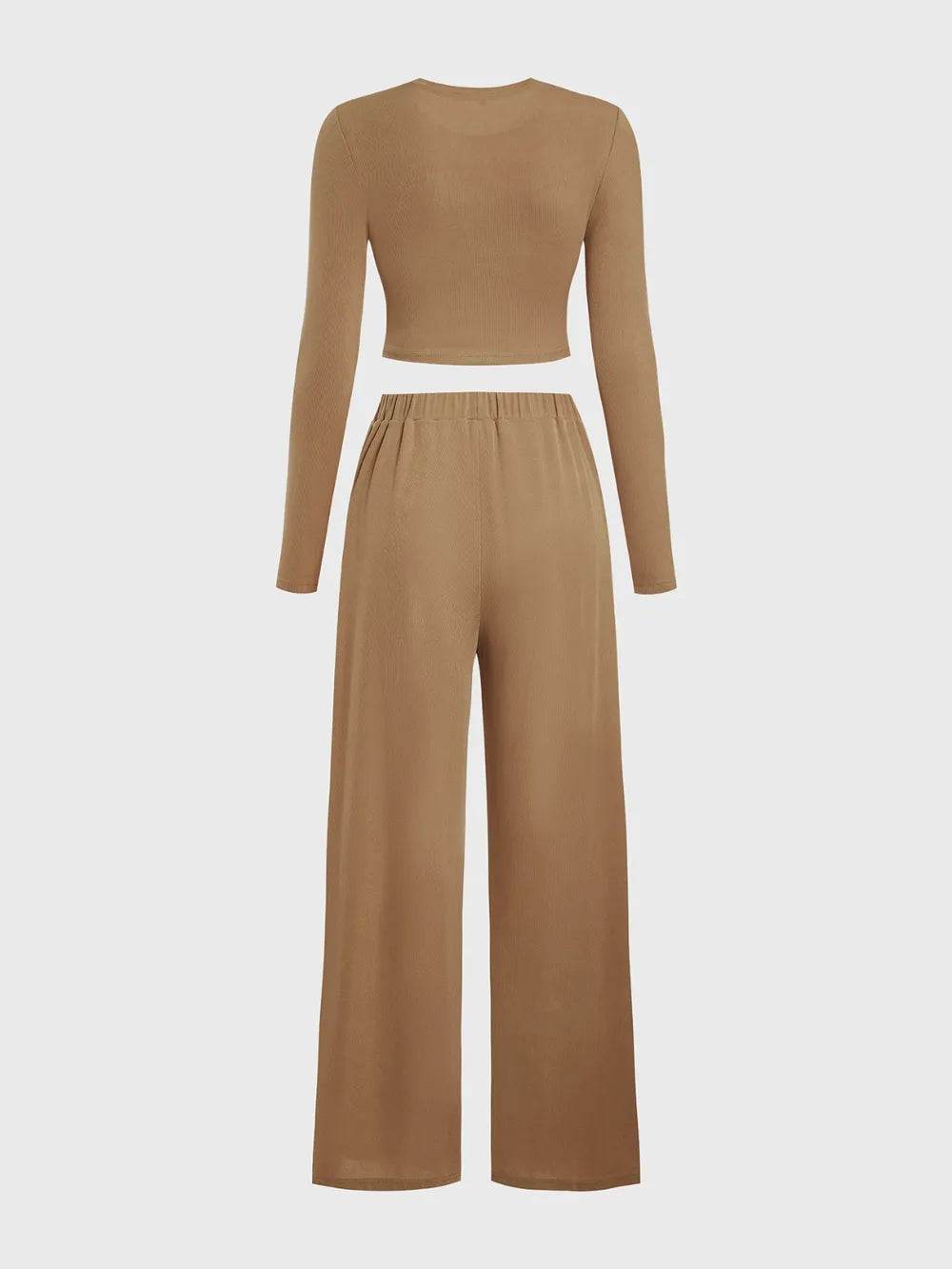 Round Neck Long Sleeve Top and Tied Pants Set - Purcell's Clothing Company