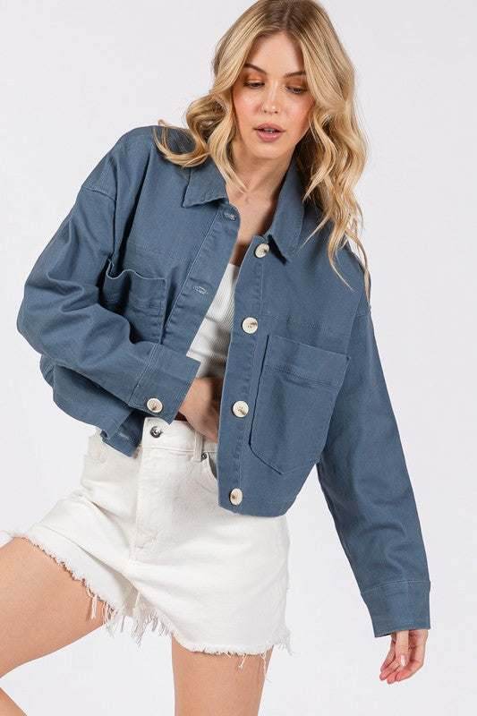 bytos Button Down Cropped Denim Jacket with Patch Pockets - Purcell's Clothing Company