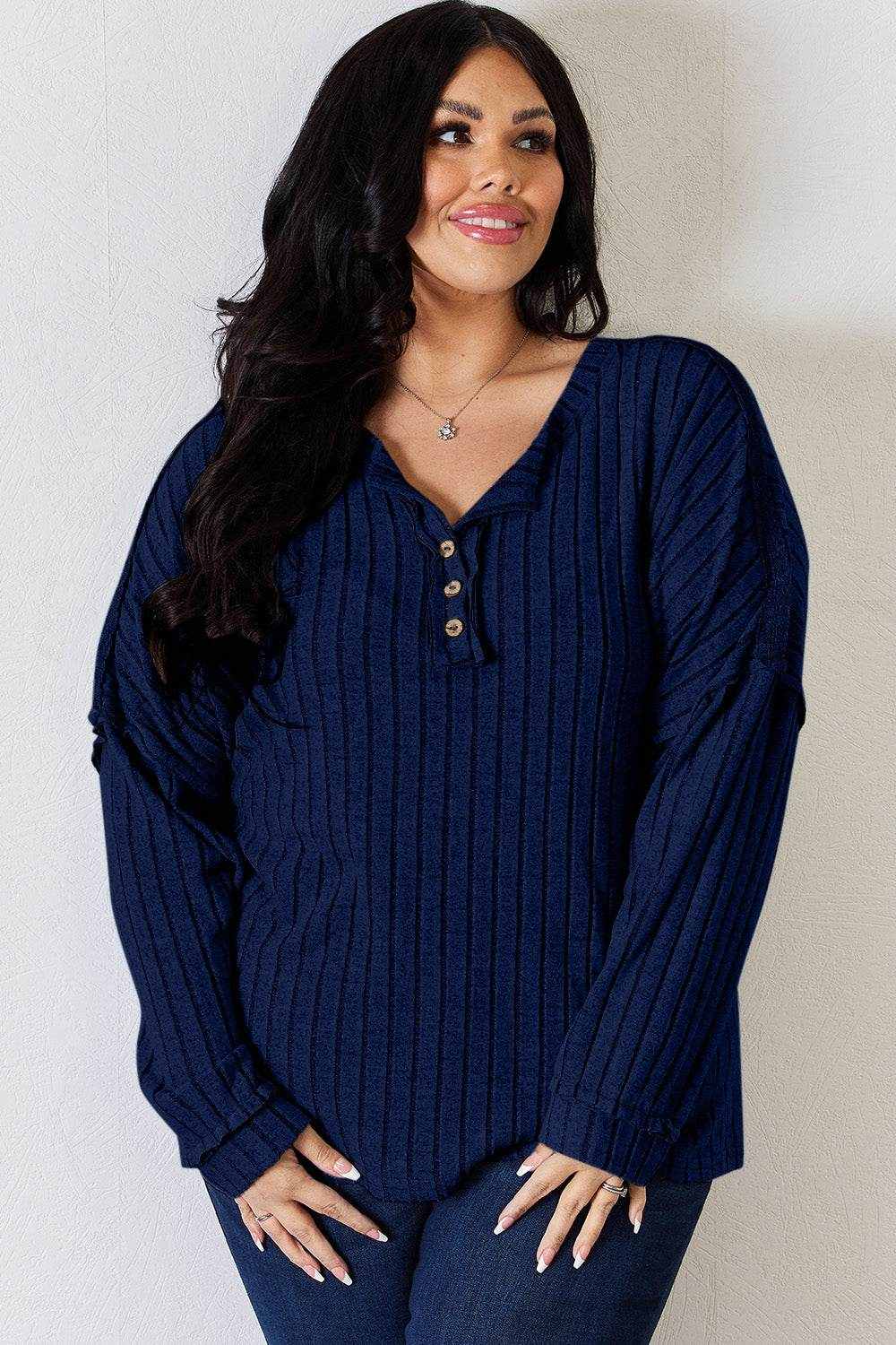 Basic Bae Full Size Ribbed Half Button Long Sleeve T-Shirt - Purcell's Clothing Company