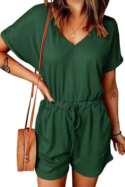 Full Size Drawstring V-Neck Short Sleeve Romper - Purcell's Clothing Company