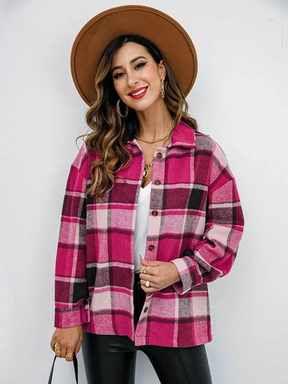 Shiny Plaid Button Up Collared Neck Jacket - Purcell's Clothing Company