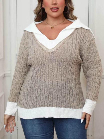 Plus Size Contrast Trim Collared Neck Sweater - Purcell's Clothing Company