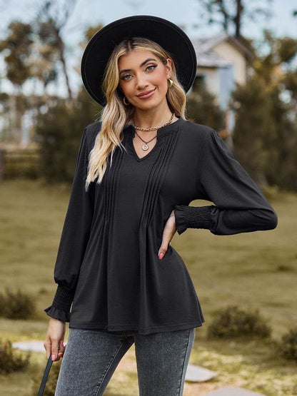Notched Neck Flounce Sleeve Blouse - Purcell's Clothing Company