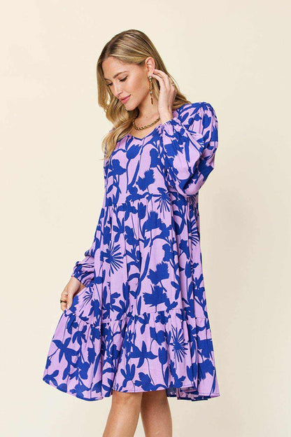 Double Take Full Size Printed Ruffle Hem Dress with Pocket - Purcell's Clothing Company