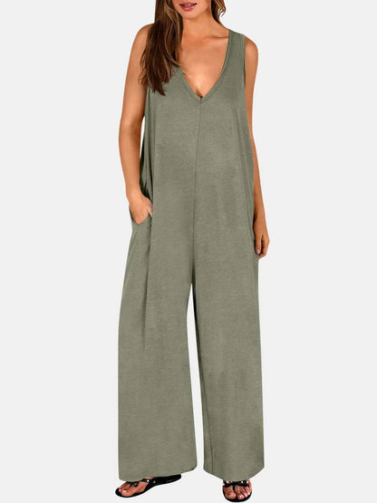 Full Size V-Neck Wide Strap Jumpsuit - Purcell's Clothing Company