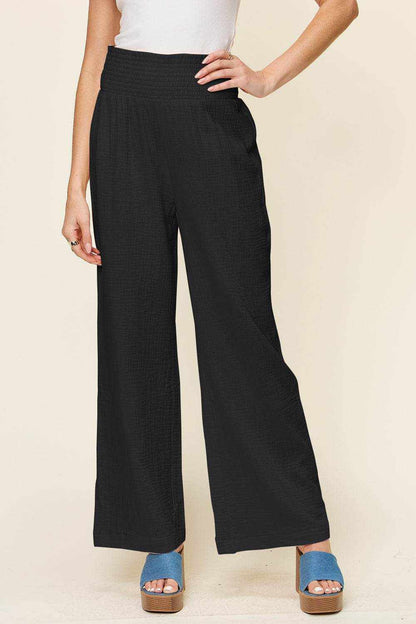 Double Take Full Size Texture Smocked Waist Wide Leg Pants - Purcell's Clothing Company