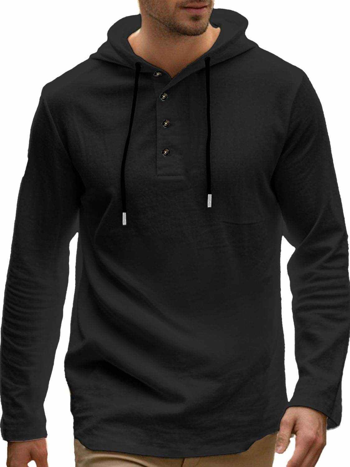 Men's Full Size Drawstring Button Detail Long Sleeve Hoodie Plus Size - Purcell's Clothing Company
