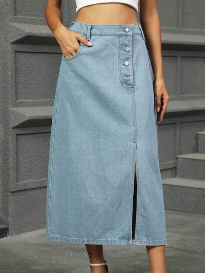 Slit Button Detail Denim Midi Skirt - Purcell's Clothing Company