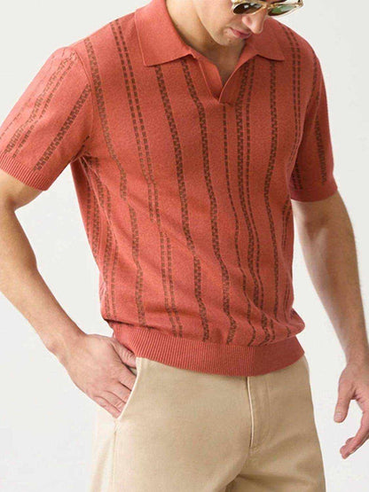 Men's striped collared neck short sleeve polo shirt in rust color with vertical patterns and relaxed fit