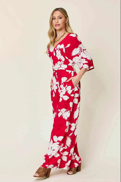 Double Take Full Size Printed Tie Back Wide Leg Jumpsuit - Purcell's Clothing Company