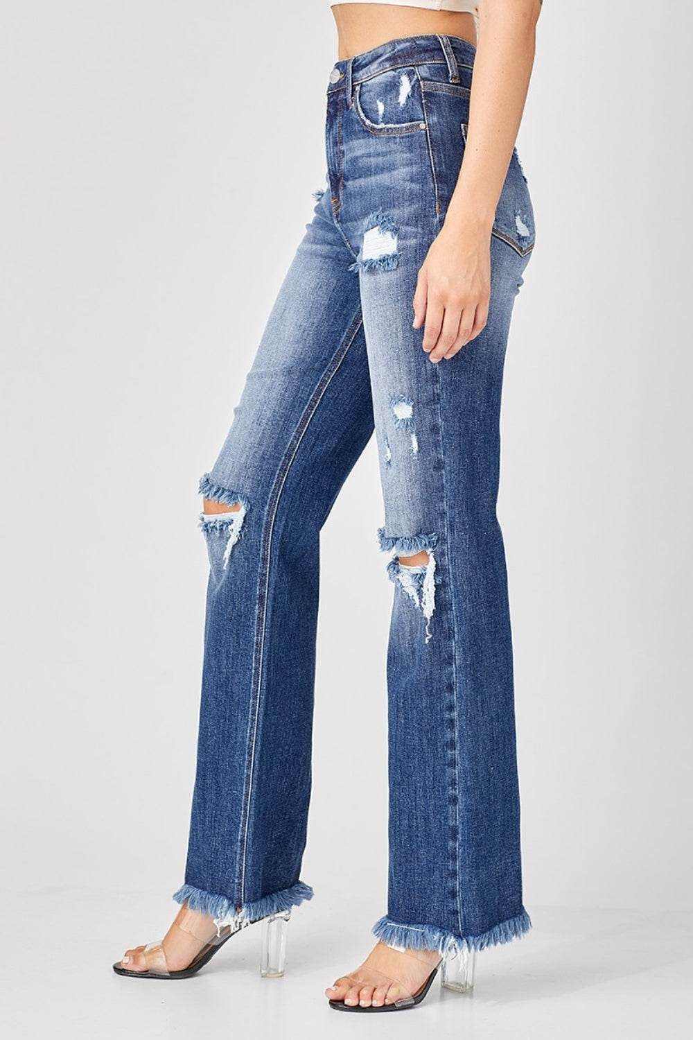 Risen Full Size Raw Hem Distressed Straight Jeans - Purcell's Clothing Company