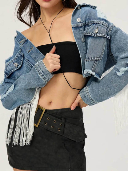 Distressed Fringe Collared Neck Cropped Denim Top - Purcell's Clothing Company