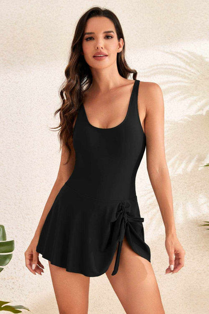 Drawstring Scoop Neck Wide Strap One-Piece Swimwear - Purcell's Clothing Company