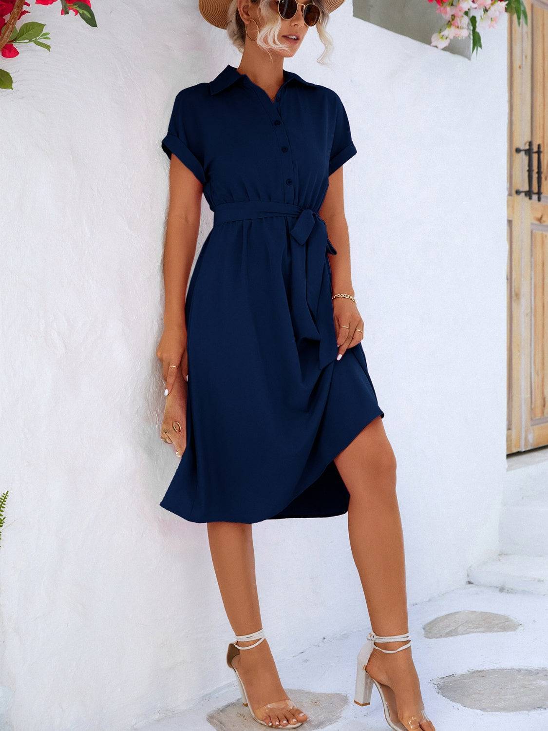 Buttoned Tie Waist Short Sleeve Dress - Purcell's Clothing Company - 