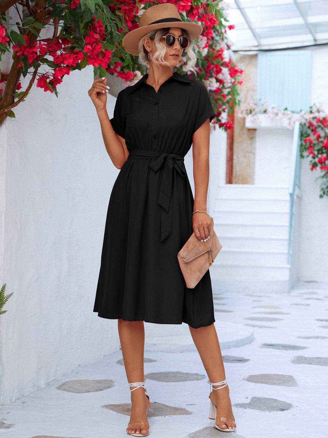 Buttoned Tie Waist Short Sleeve Dress - Purcell's Clothing Company - 