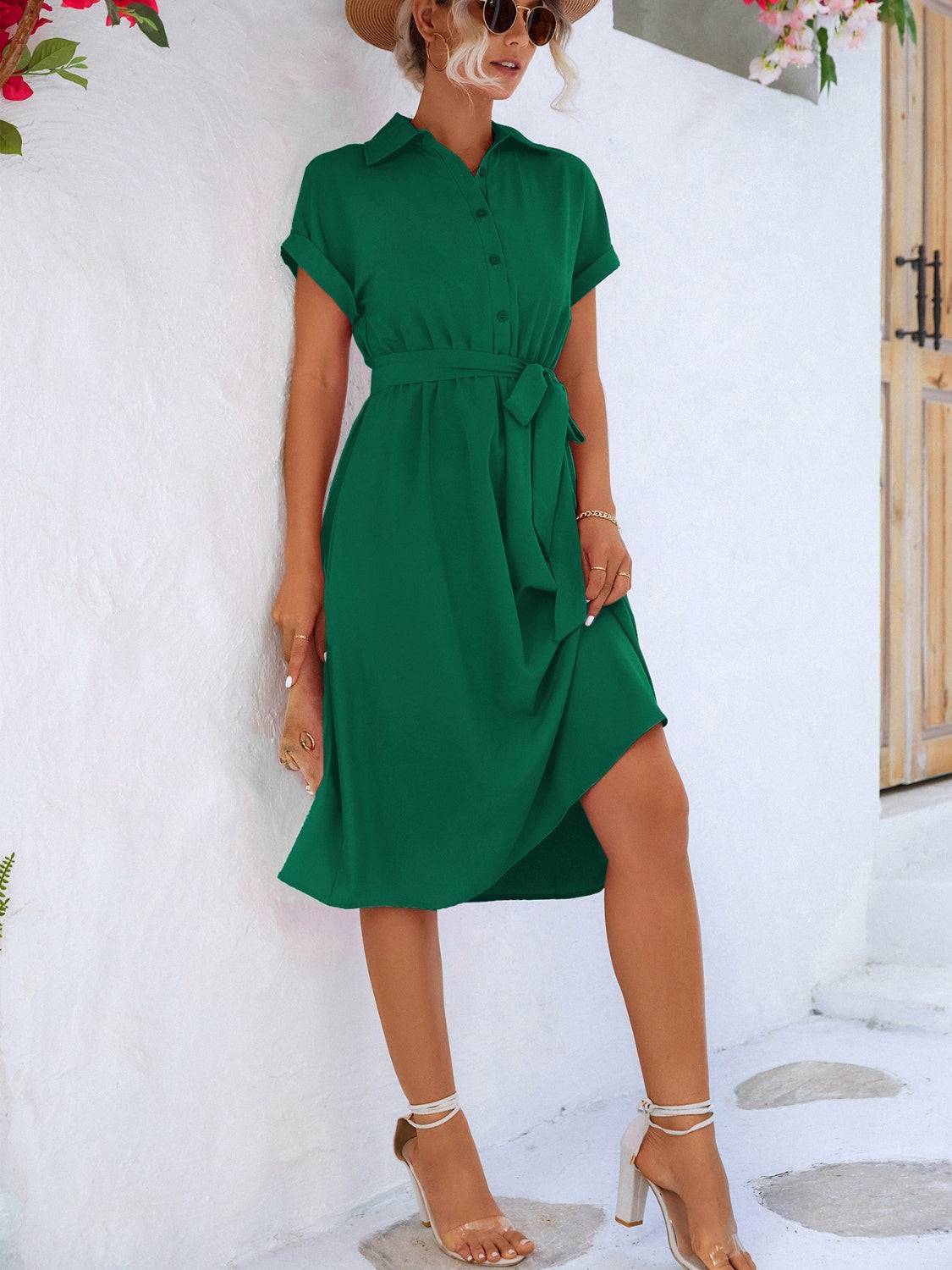 Buttoned Tie Waist Short Sleeve Dress - Purcell's Clothing Company - 