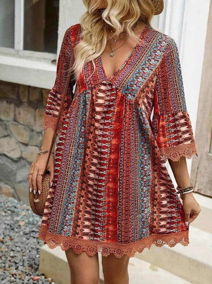 Lace Trim Printed V-Neck 3/4 Sleeve Dress - Purcell's Clothing Company