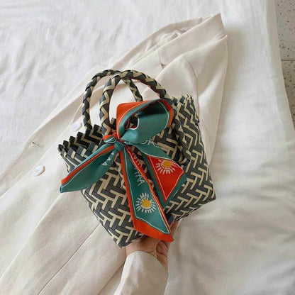 Contrast Woven Handbag with Ribbon - Purcell's Clothing Company
