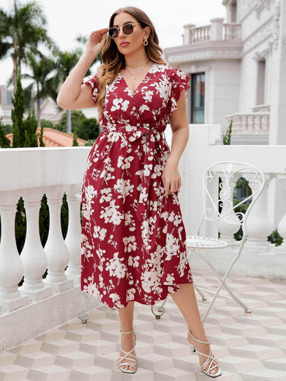 Honey Plus Size Floral Tie Waist Surplice Neck Midi Dress - Purcell's Clothing Company