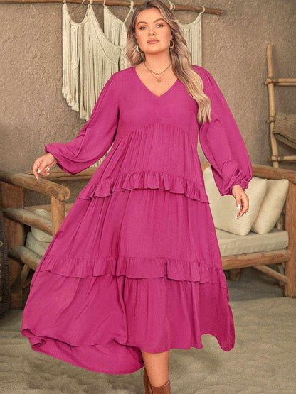 Plus Size Ruffled V-Neck Long Sleeve Dress - Purcell's Clothing Company