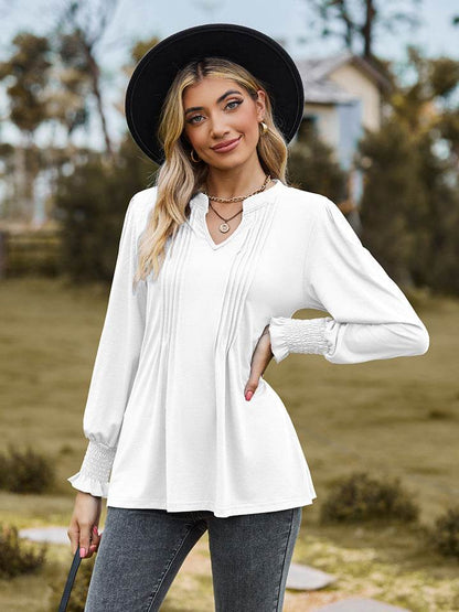 Notched Neck Flounce Sleeve Blouse - Purcell's Clothing Company