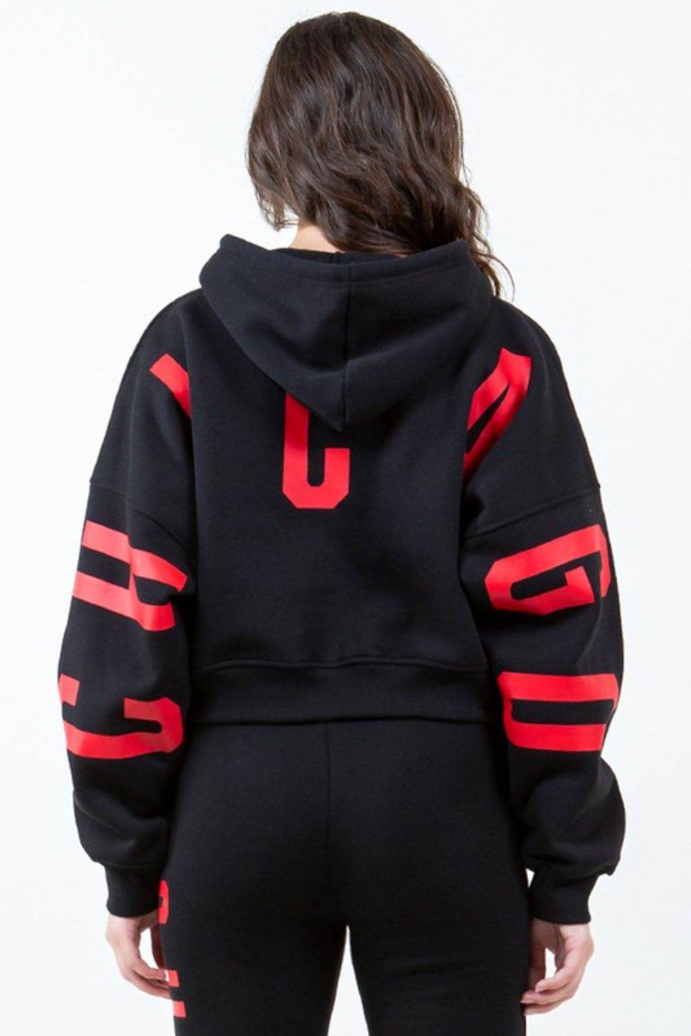 American Bazi Letter Graphic Long Sleeve Drawstring Cropped Hoodie - Purcell's Clothing Company