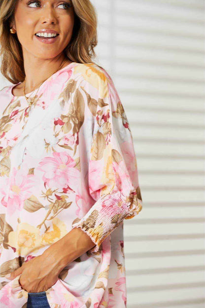 Double Take Floral Round Neck Three-Quarter Sleeve Top - Purcell's Clothing Company