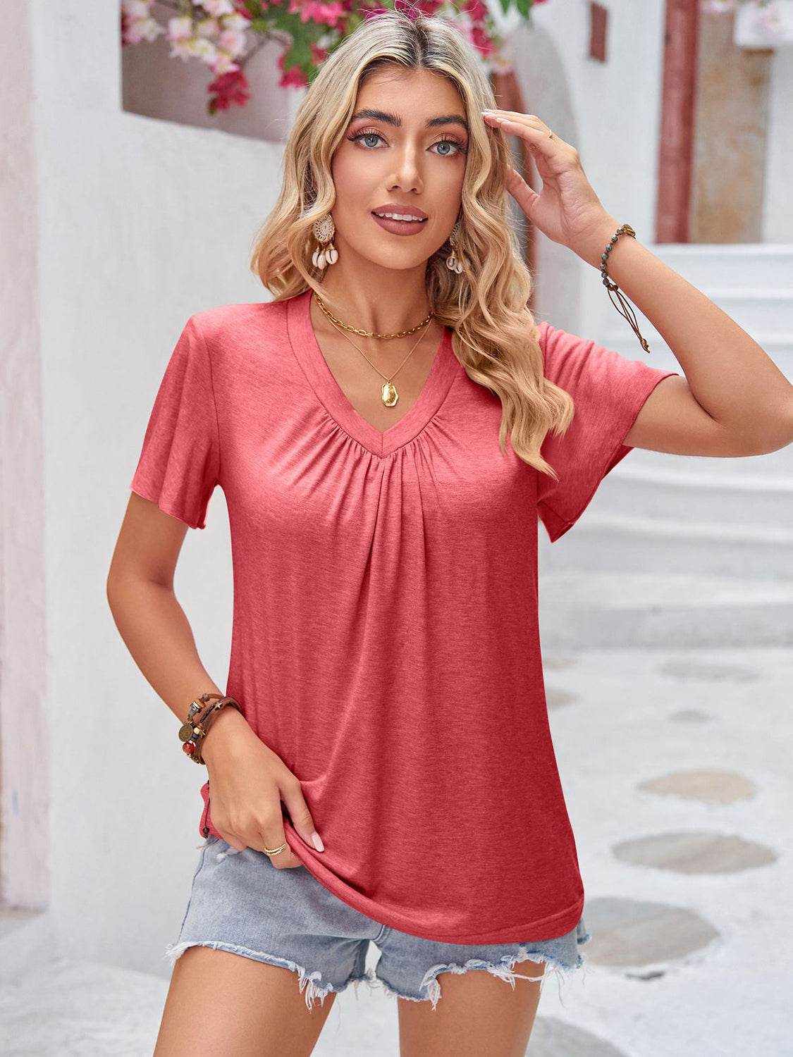 Double Take Ruched V-Neck Short Sleeve T-Shirt - Purcell's Clothing Company