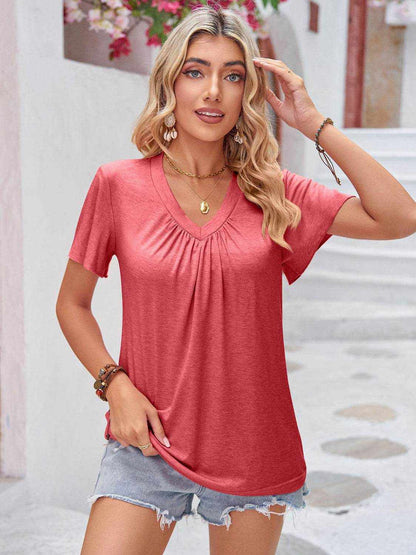 Double Take Ruched V-Neck Short Sleeve T-Shirt - Purcell's Clothing Company