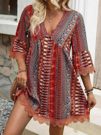 Lace Trim Printed V-Neck 3/4 Sleeve Dress - Purcell's Clothing Company
