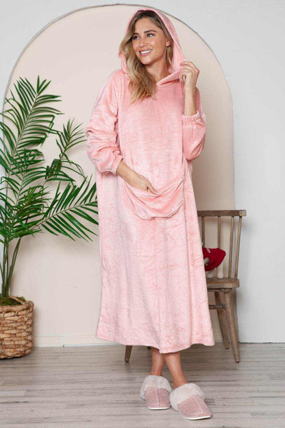 Double Take Full Size Pocketed Hooded Midi Lounge Dress - Purcell's Clothing Company
