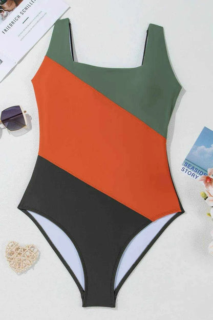 Color Block Padded Square Neck One Piece Swimsuit - Purcell's Clothing Company