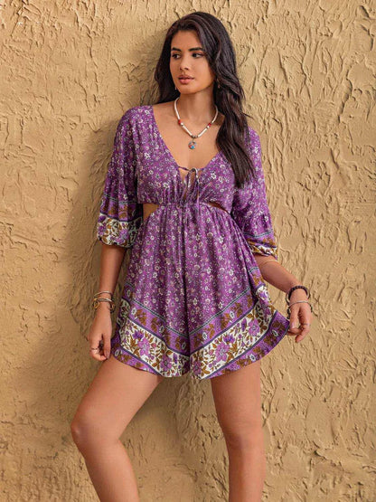 Tied Front Cutout Printed Romper - Purcell's Clothing Company