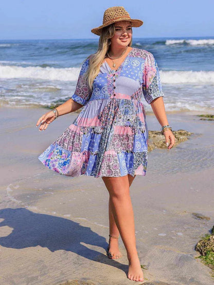Plus Size Printed V-Neck Tiered Mini Dress - Purcell's Clothing Company