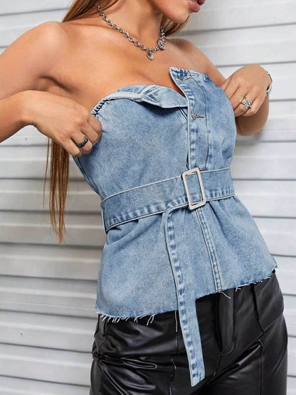 Frayed Hem Button Detail Tube Top - Purcell's Clothing Company