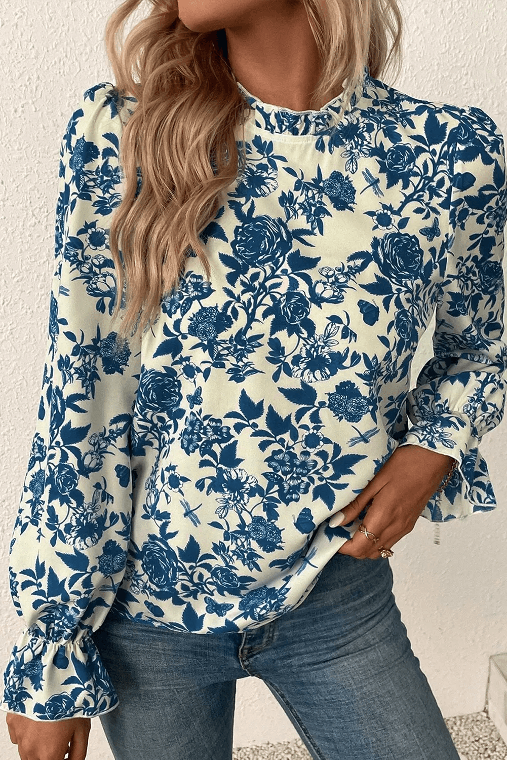Printed Mock Neck Flounce Sleeve Blouse - Purcell's Clothing Company