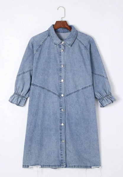 Distressed Collared Neck Flounce Sleeve Denim Dress - Purcell's Clothing Company