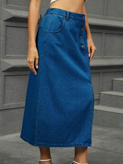Slit Button Detail Denim Midi Skirt - Purcell's Clothing Company
