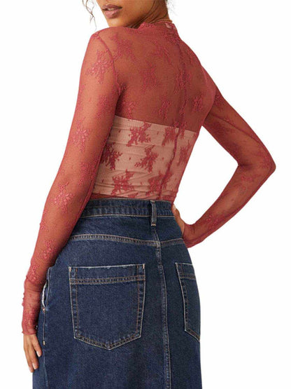 Lace Mock Neck Long Sleeve Blouse - Purcell's Clothing Company