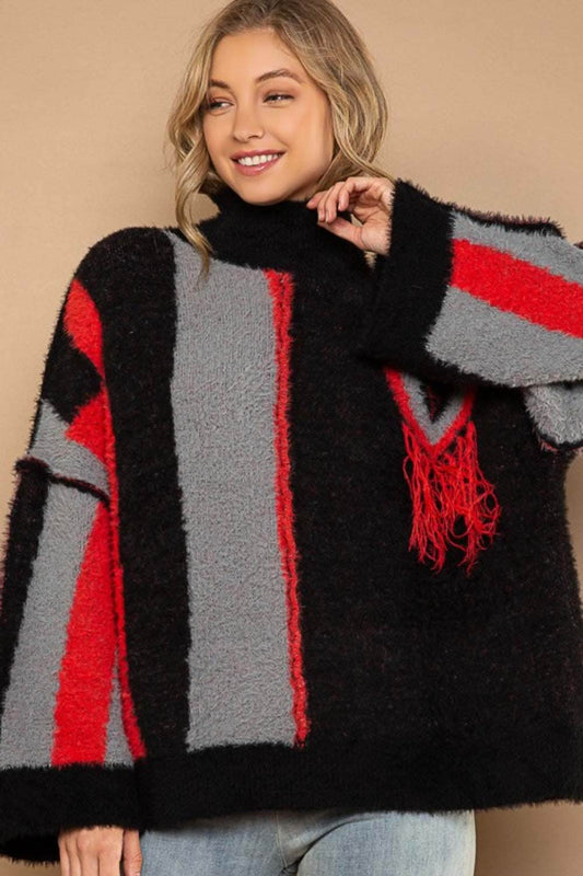 POL Turtleneck Color Block Fringe Detail Sweater - Purcell's Clothing Company