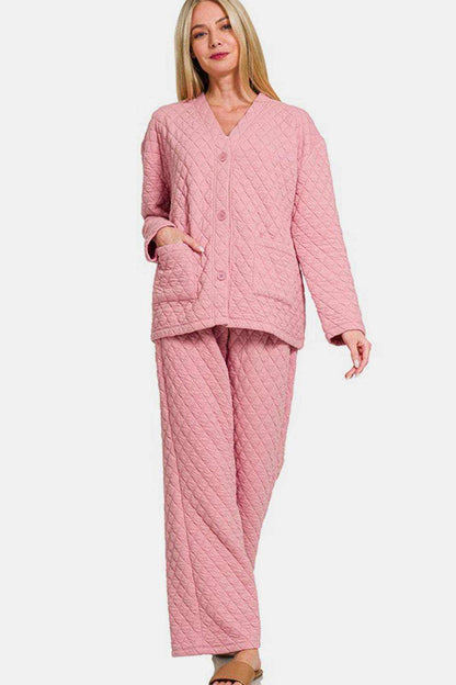 Zenana Quilted Button Up Long Sleeve Top and Pants Lounge Set - Purcell's Clothing Company