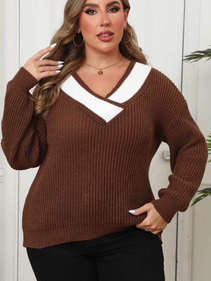 Plus Size Contrast Dropped Shoulder Long Sleeve Sweater - Purcell's Clothing Company