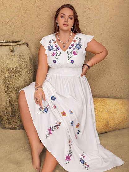 Plus Size Embroidered Floral V-Neck Cap Sleeve Maxi Dress - Purcell's Clothing Company