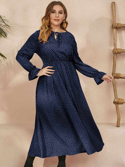 Honey Plus Size Ruffled Polka Dot Long Sleeve Midi Dress - Purcell's Clothing Company