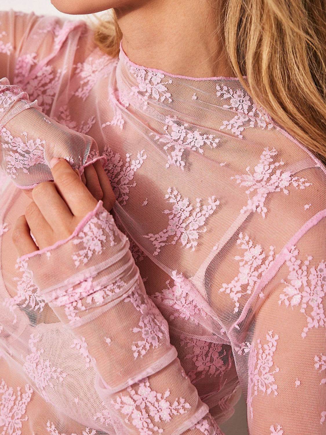 Lace Mock Neck Long Sleeve Blouse - Purcell's Clothing Company